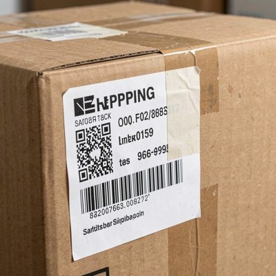 a shipping label being stuck onto a box