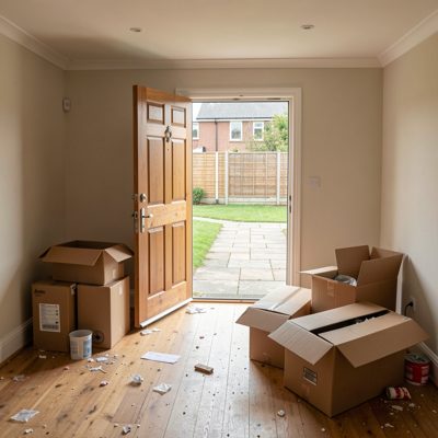 a house being emptied with boxes by the door