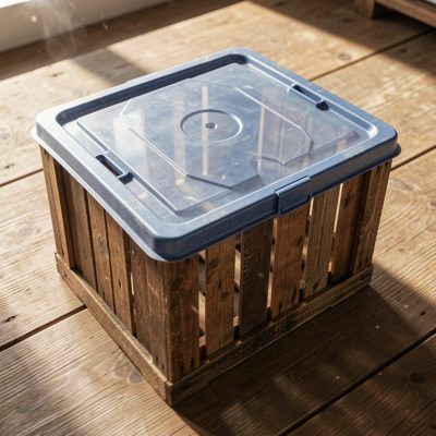 a moving crate with a plastic lid