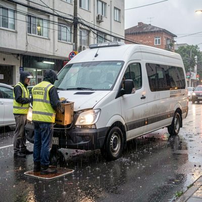 a van being loaded in the rain