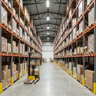 a warehouse aisle with shelving to the roof