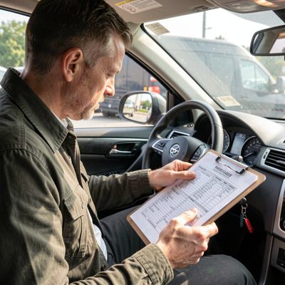 a driver checking a manifest on a clipboard