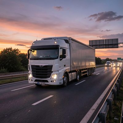 a lorry on a motorway at dusk