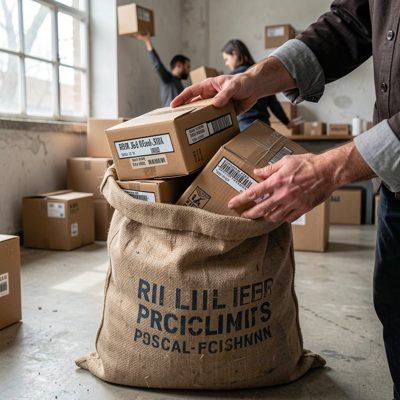 a postal sack being filled with parcels