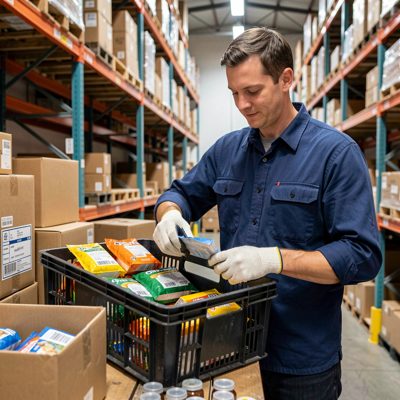 a warehouse worker picking items into a tote