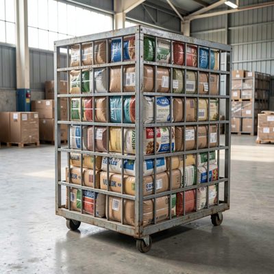 a roll cage of parcels being pushed