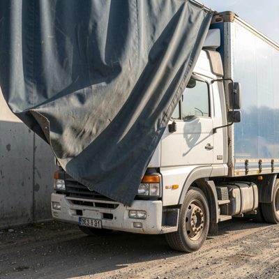 a lorry curtain being pulled back