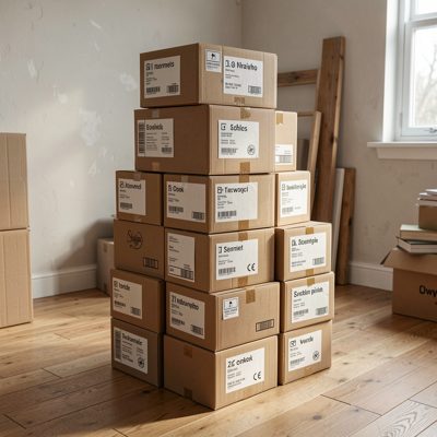 a stack of labelled boxes in a spare room