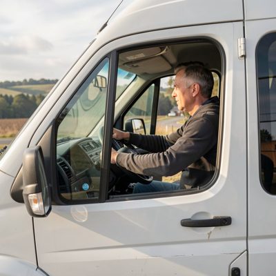 a driver climbing into a van cab