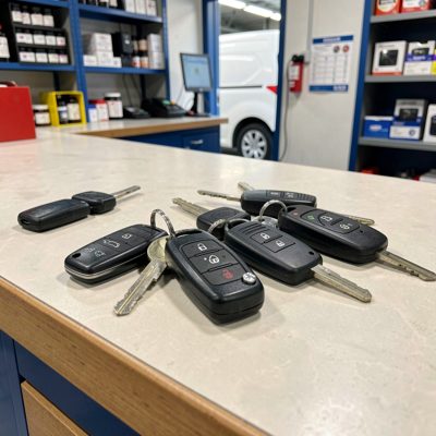 a set of van keys on a depot counter