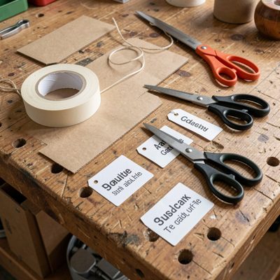 a packing bench with tape, scissors and labels