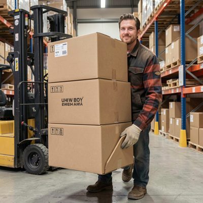a mover carrying a stack of three boxes