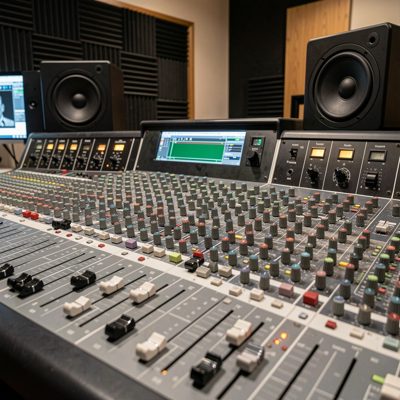 a recording studio mixing desk with faders and monitors