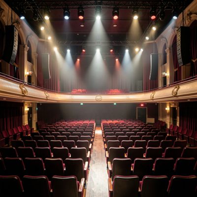 stage lights above an empty theatre auditorium