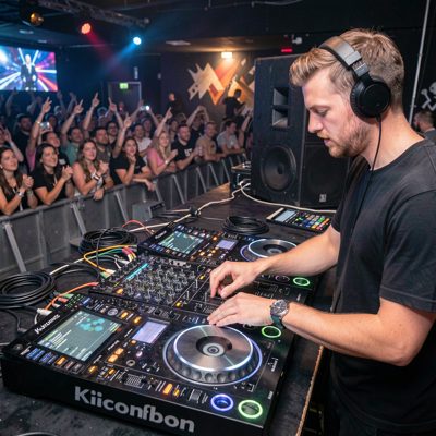 a dj mixing on decks with a crowd behind