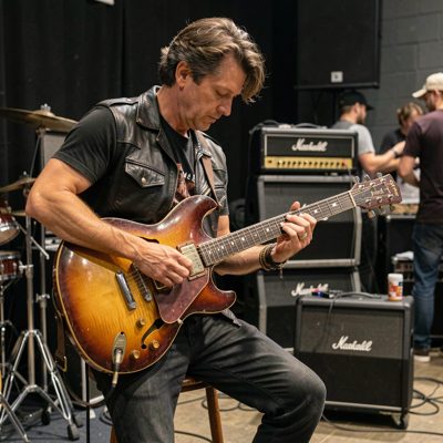 a guitarist tuning up backstage