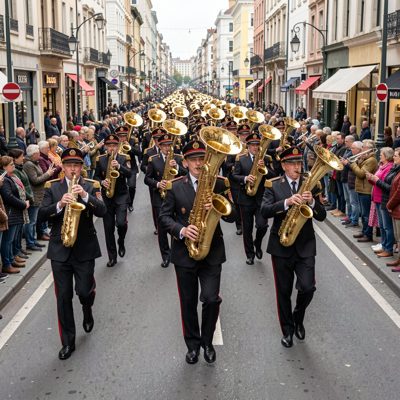 a brass band marching in a street parade