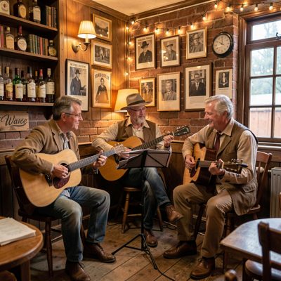 a folk trio playing in a small pub corner