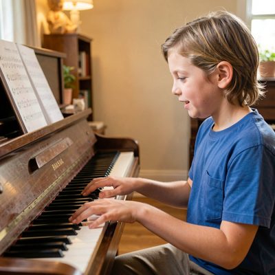 a music teacher guiding a child at a piano