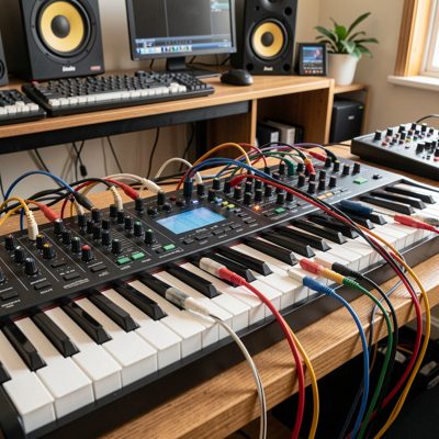 a synthesiser with patch cables in a home studio