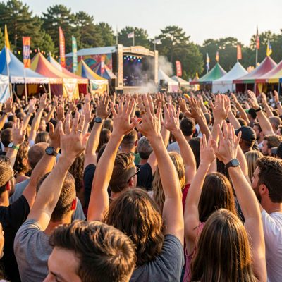 a crowd with hands raised at an outdoor festival
