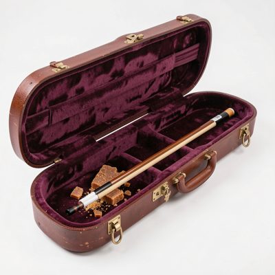 a violin case open with rosin and a spare bow