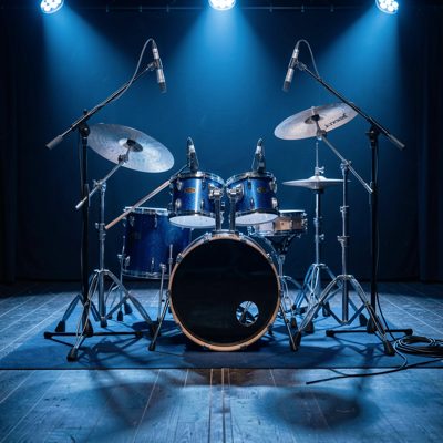 a drum kit lit in blue on an empty stage