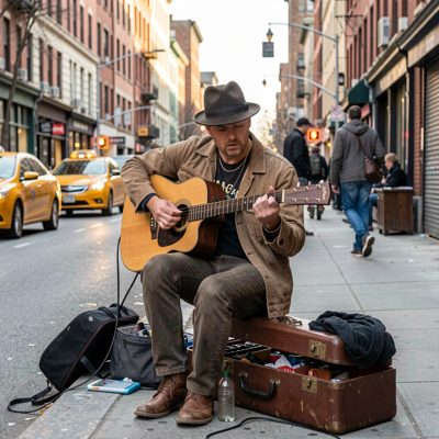 a busker playing guitar on a city street