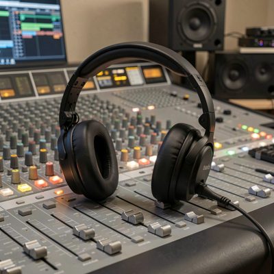 a pair of studio headphones on a mixing desk