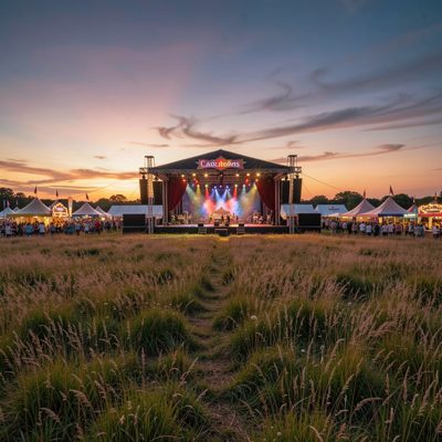 a festival stage seen from the field at dusk