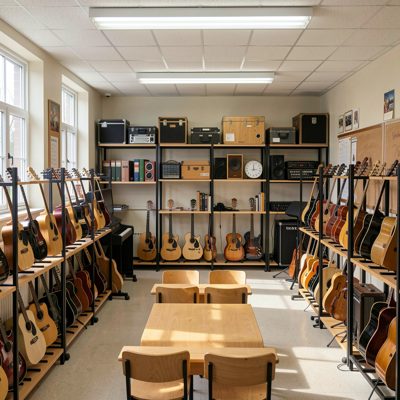 a school music room with instruments on racks