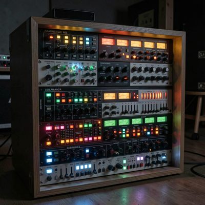 a modular synth rack glowing in a dark room