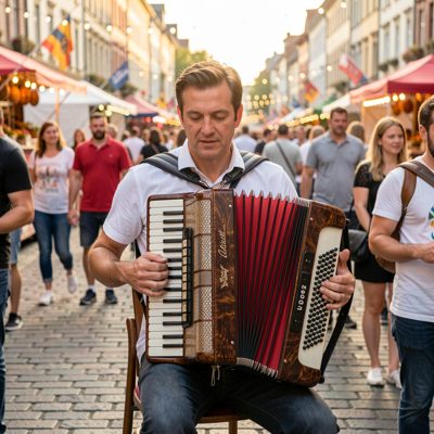 an accordion being played at a street festival