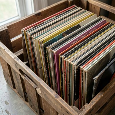 a pile of vinyl records in a crate