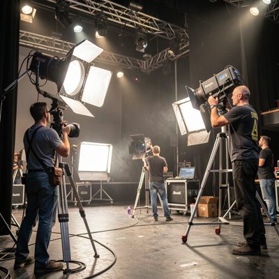 a stage crew setting up lights before a show