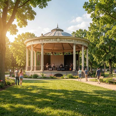 a bandstand in a park on a summer afternoon