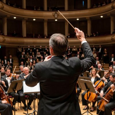 a conductor raising a baton before an orchestra