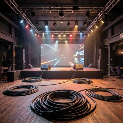 an empty club stage after closing with cables coiled
