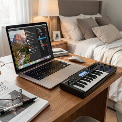a laptop and midi controller on a bedroom desk
