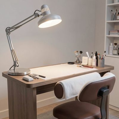 a manicure table with a lamp and a padded hand rest