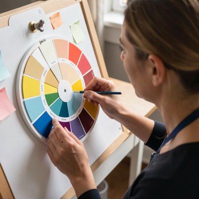 a client choosing a colour from a swatch wheel