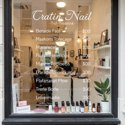 a nail salon window with a treatment price list