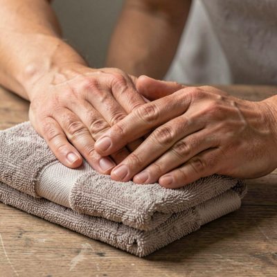 a pair of hands resting on a folded towel