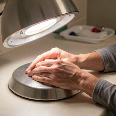 a client's hands under a curing lamp