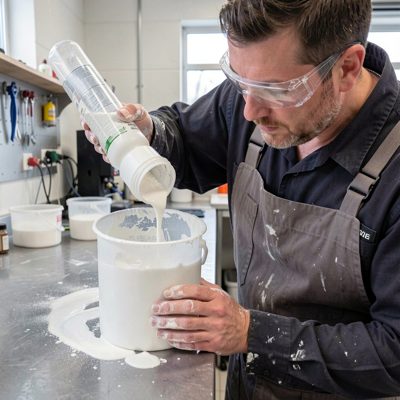 a technician mixing acrylic liquid and powder