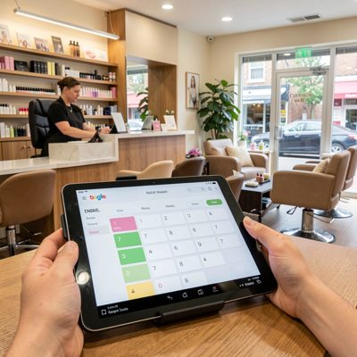 a nail salon reception with a booking tablet