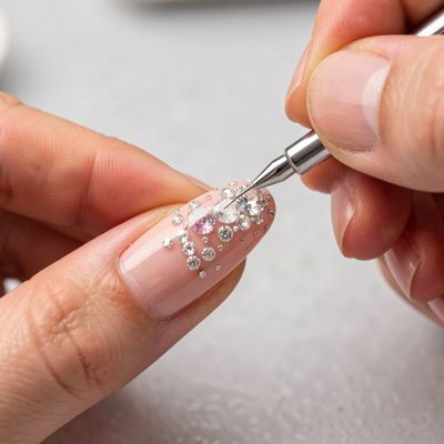 a nail wrap being applied to a fingertip