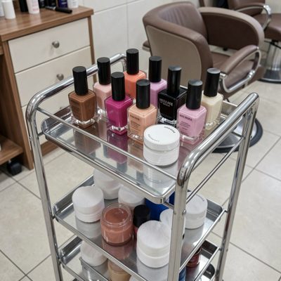 a salon trolley with polishes and cotton pads