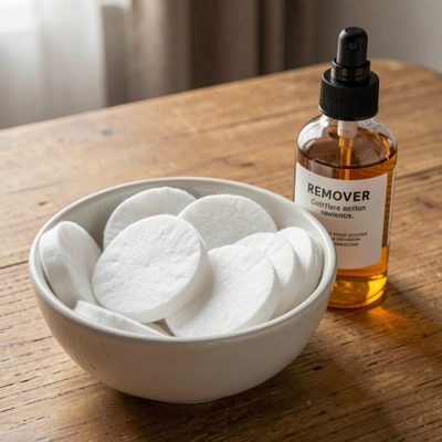 a bowl of cotton pads and remover on a table