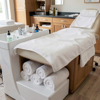 a pedicure station with towels rolled underneath